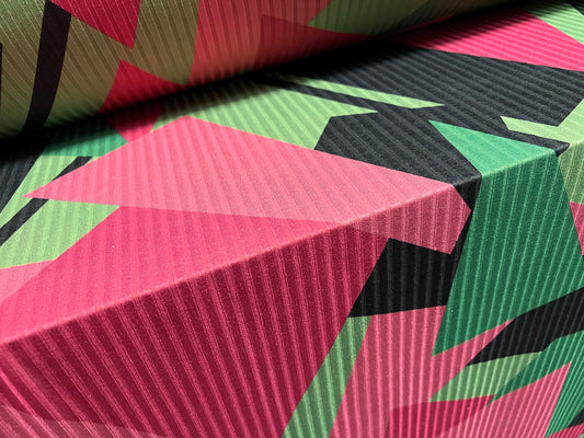 Stretch spandex rib jersey fabric, per metre - 80s retro shapes print - hot pink & green