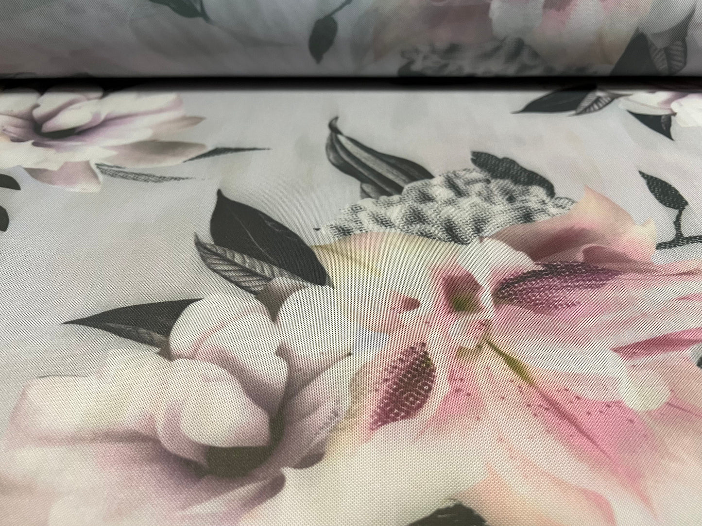 Power mesh net stretch spandex fabric, per metre - orchid flower print - pale blue grey & pink