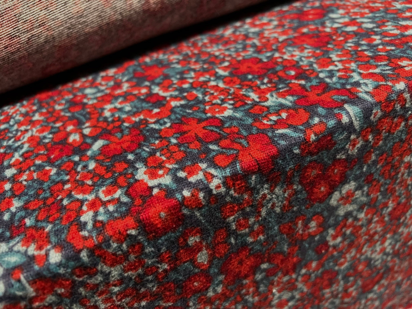 Super soft knitwear jersey fabric, per metre - flower print - red & teal