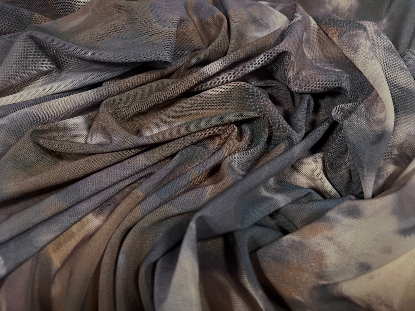 Power mesh net stretch spandex fabric, per metre - moody tie dye print - brown & aubergine