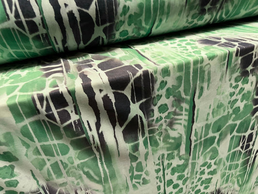 Power mesh net stretch spandex fabric, per metre - stylised animal print - green & black