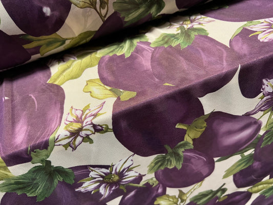 Power mesh net stretch spandex fabric, per metre - eggplant aubergine fruit print