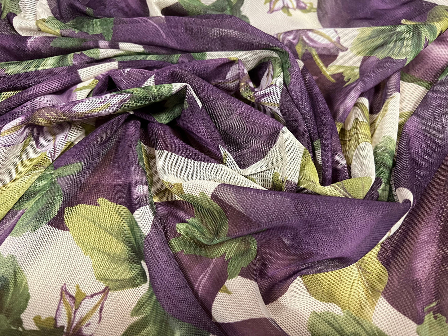 Power mesh net stretch spandex fabric, per metre - eggplant aubergine fruit print