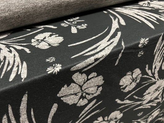 Super soft knitwear jersey fabric, per metre - stylised flower print - black & grey marl