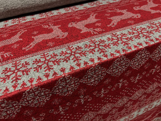 Super soft knitwear jersey fabric, per metre - snowflakes and Reindeer print - red & grey