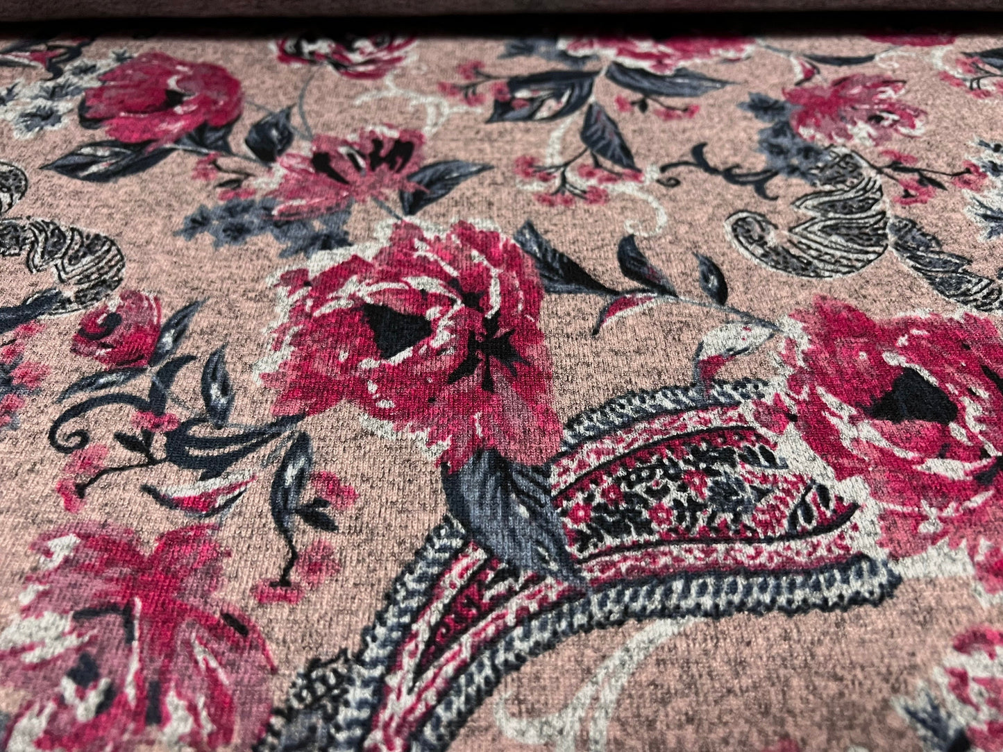 Super soft knitwear jersey fabric, per metre - paisley rose flower print - pink magenta & petrol blue