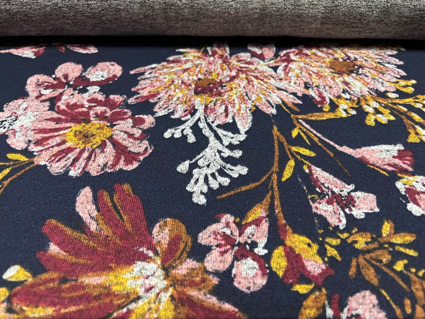 Super soft knitwear jersey fabric, per metre - big flower print - navy blue & pink