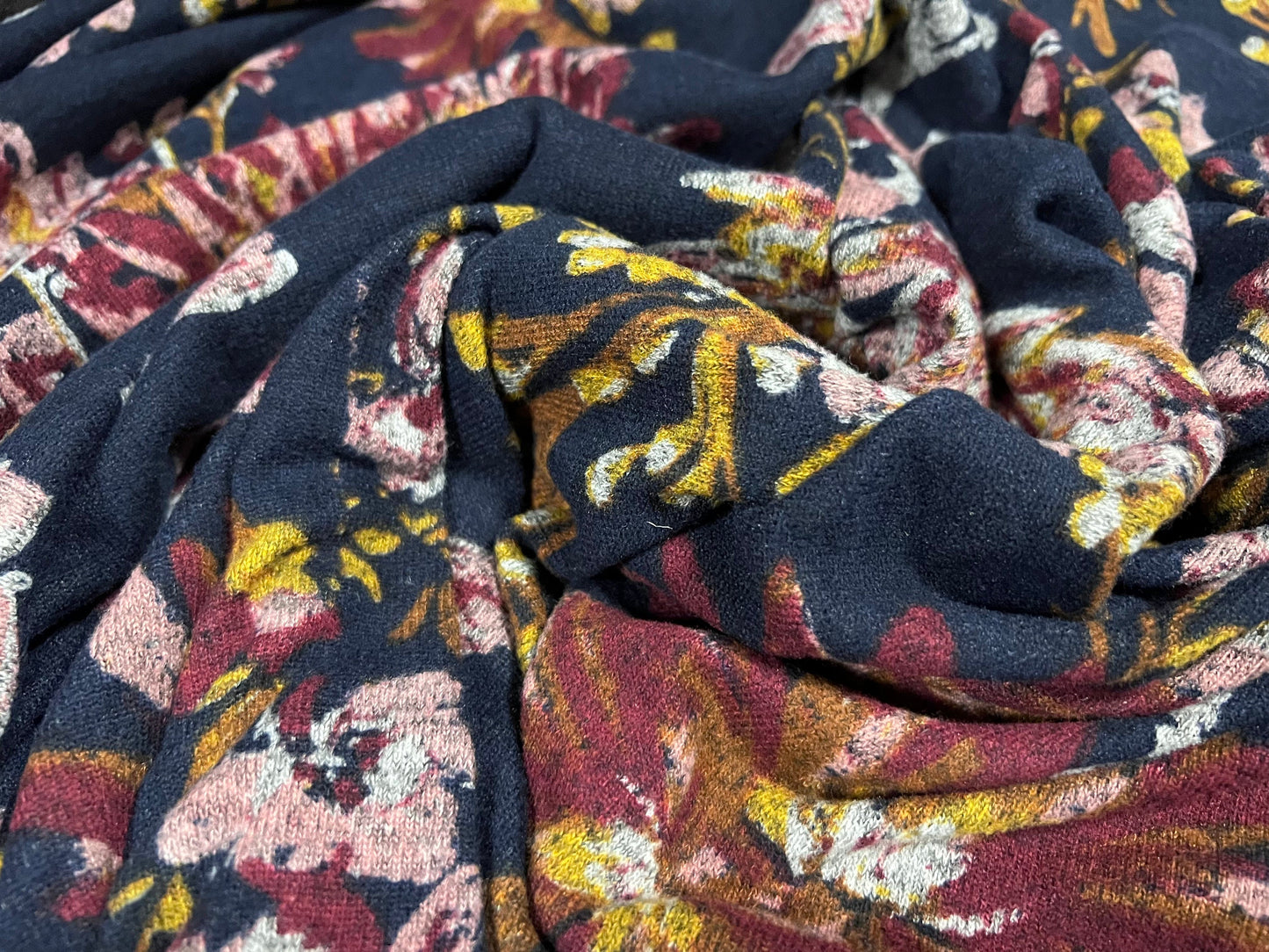 Super soft knitwear jersey fabric, per metre - big flower print - navy blue & pink