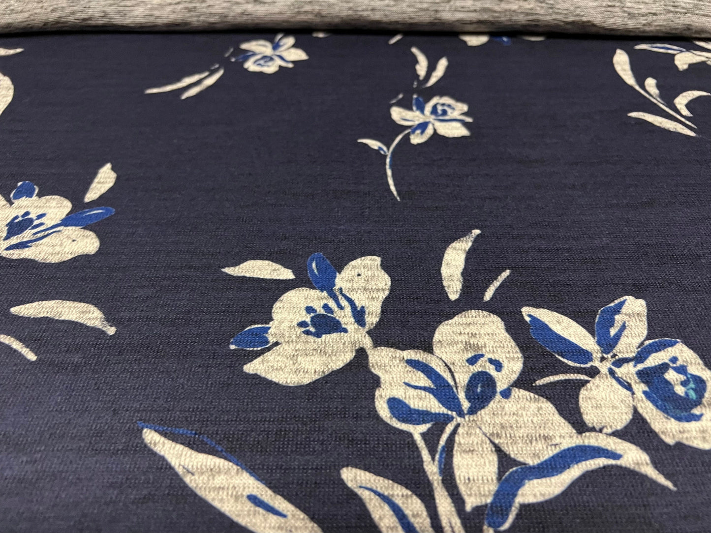 Super soft knitwear jersey fabric, per metre - flower print - navy blue & grey marl