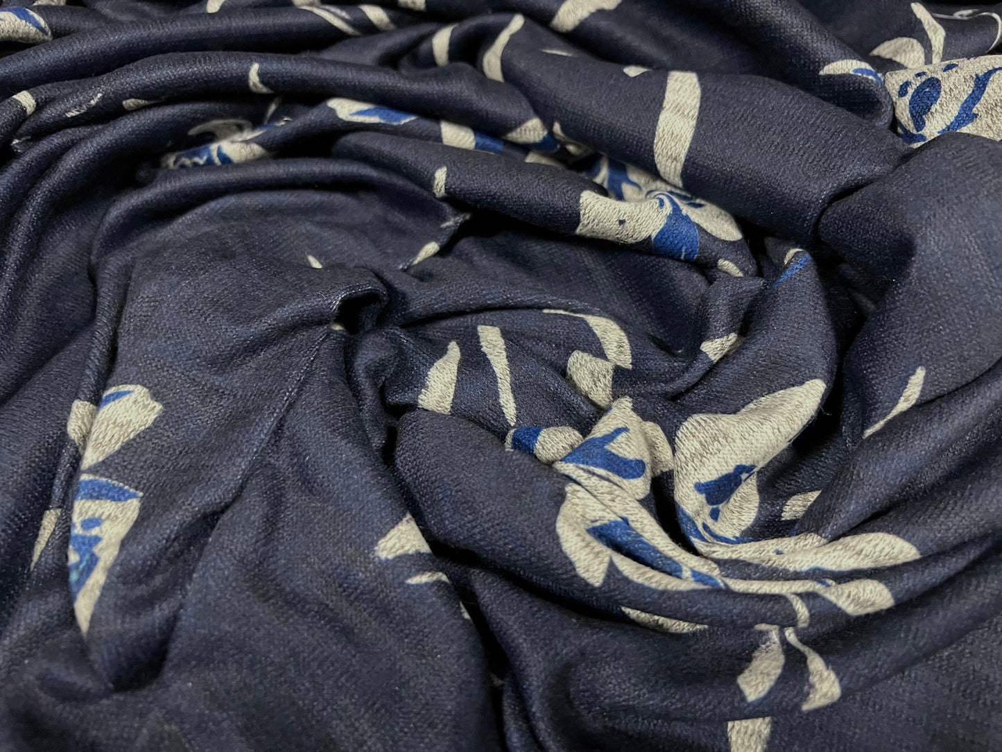 Super soft knitwear jersey fabric, per metre - flower print - navy blue & grey marl