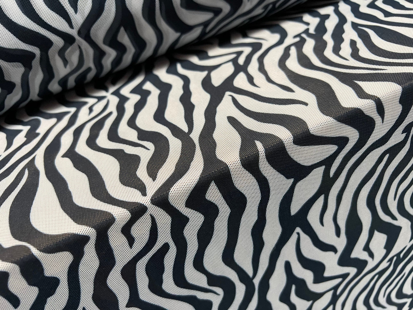 Power mesh net stretch spandex fabric, per metre - zebra animal print - back & white