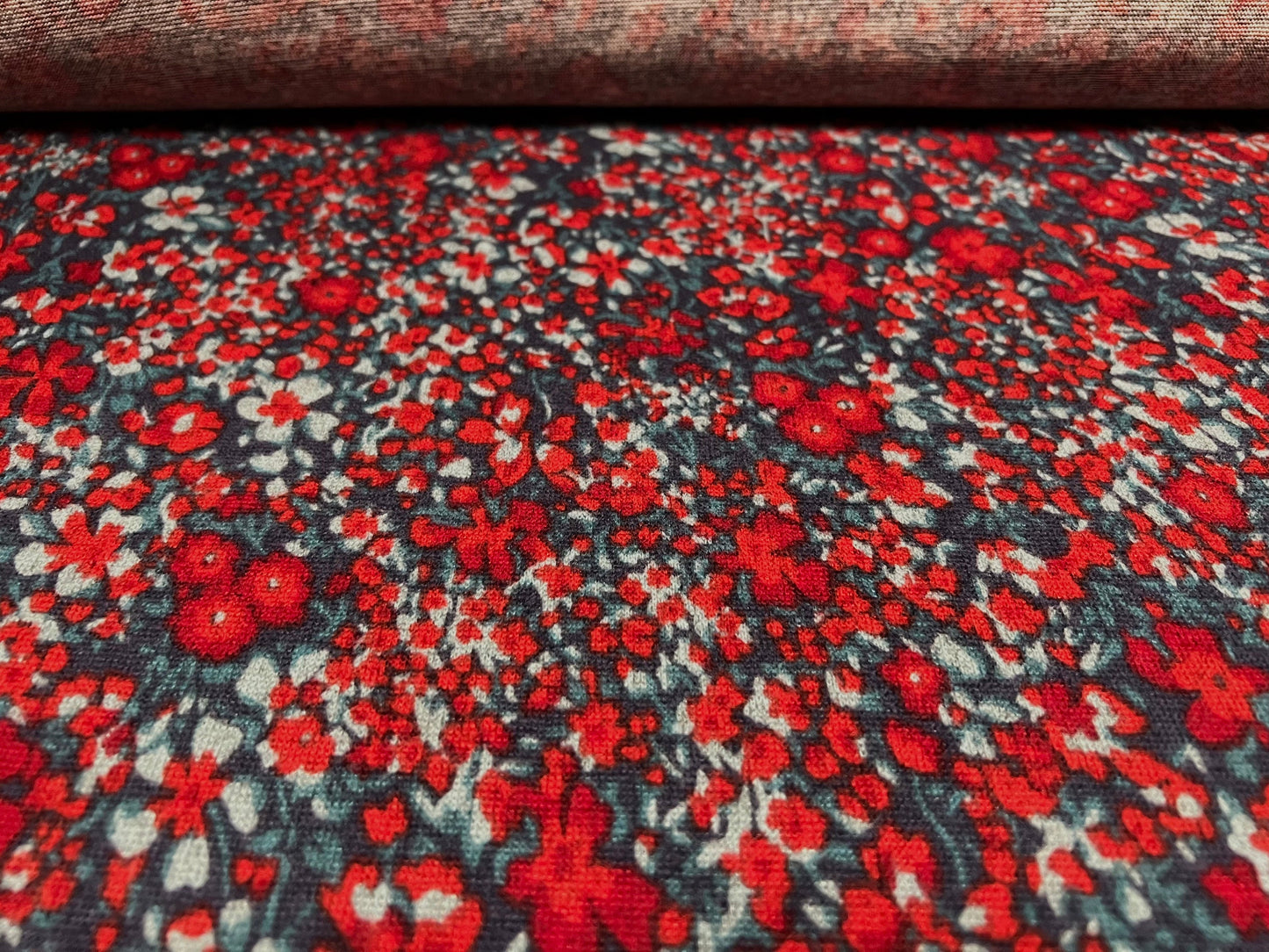 Super soft knitwear jersey fabric, per metre - flower print - red & teal