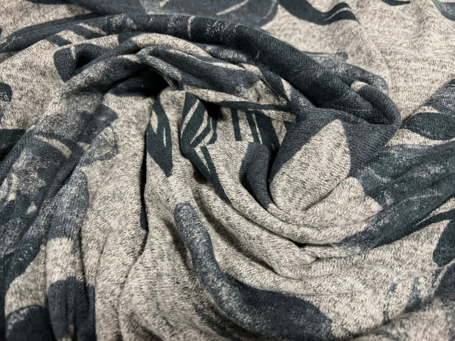 Super soft knitwear jersey fabric, per metre - stylised flower print - grey marl & blue