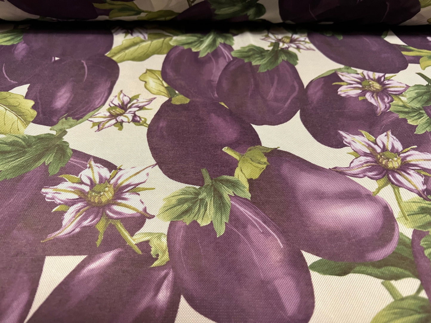 Power mesh net stretch spandex fabric, per metre - eggplant aubergine fruit print