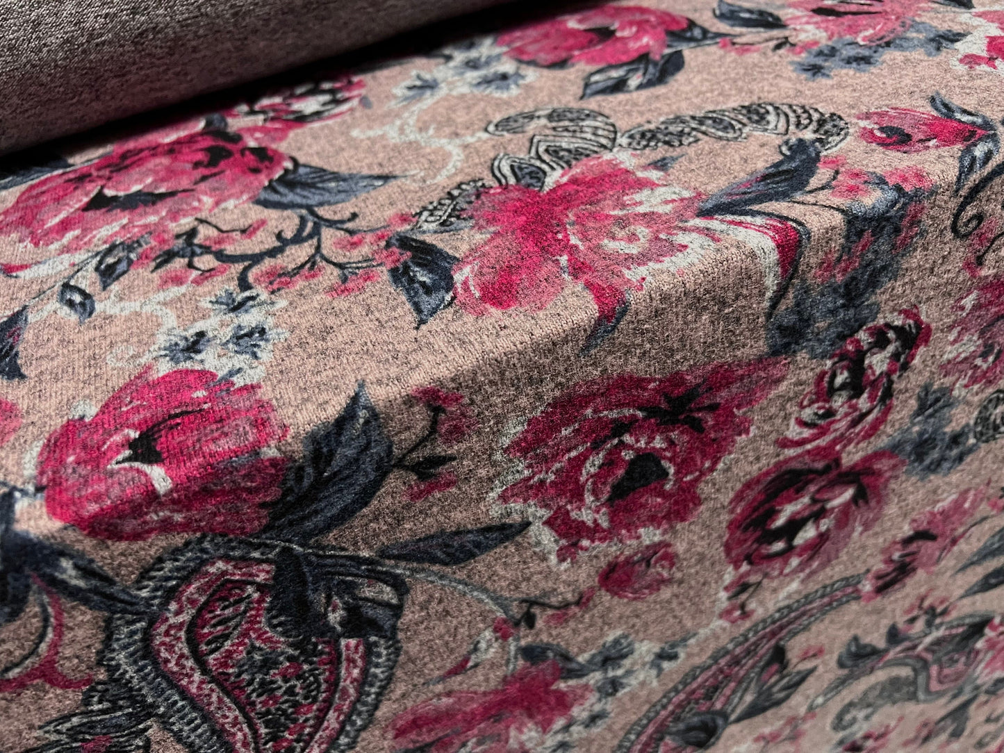 Super soft knitwear jersey fabric, per metre - paisley rose flower print - pink magenta & petrol blue