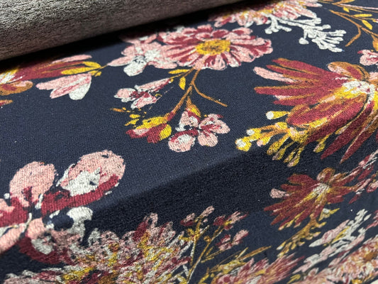 Super soft knitwear jersey fabric, per metre - big flower print - navy blue & pink