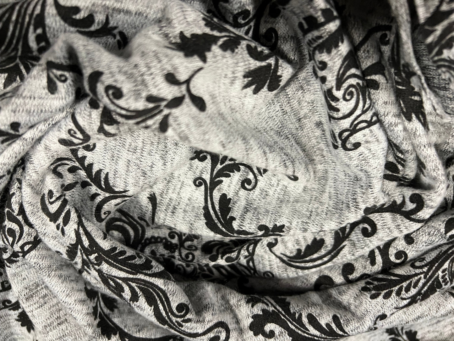 Super soft knitwear jersey fabric, per metre - paisley print - grey marl and black