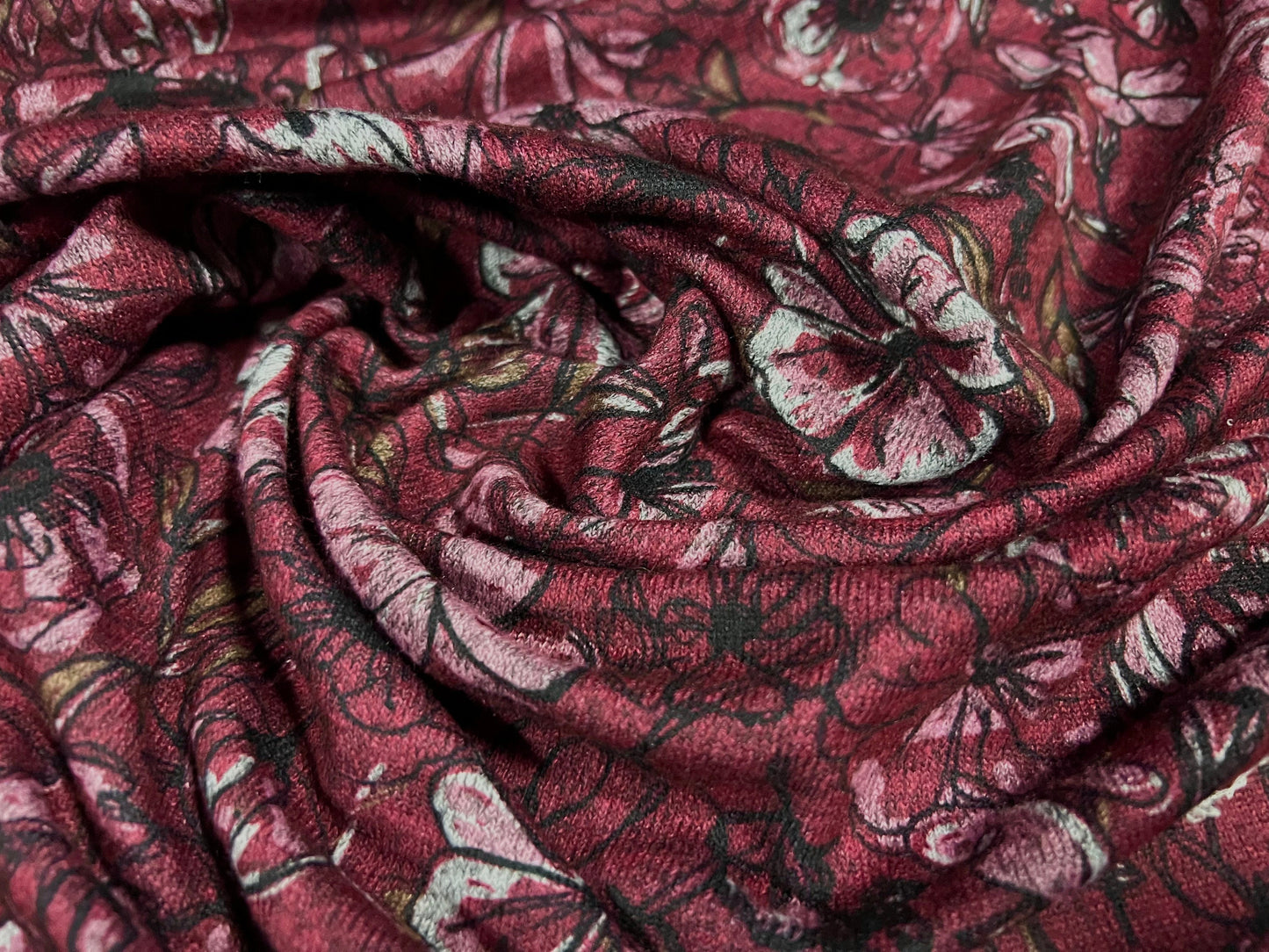 Super soft knitwear jersey fabric, per metre - floral print - berry & pink