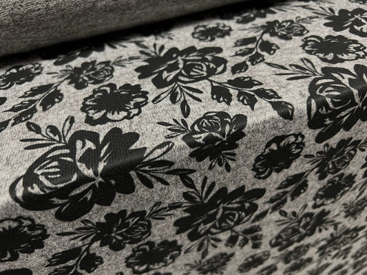 Super soft knitwear jersey fabric, per metre - floral print - grey marl with black rose