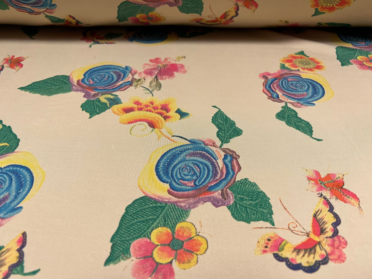 Scuba neoprene style double jersey stretch spandex fabric, per metre - rose flower print - beige & turquoise