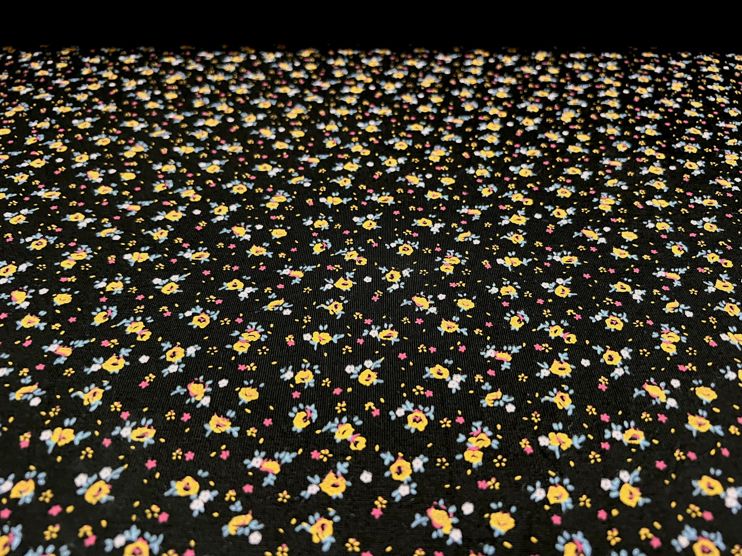 Viscose spandex stretch single jersey fabric, per metre - Ditsy flower print - black & yellow