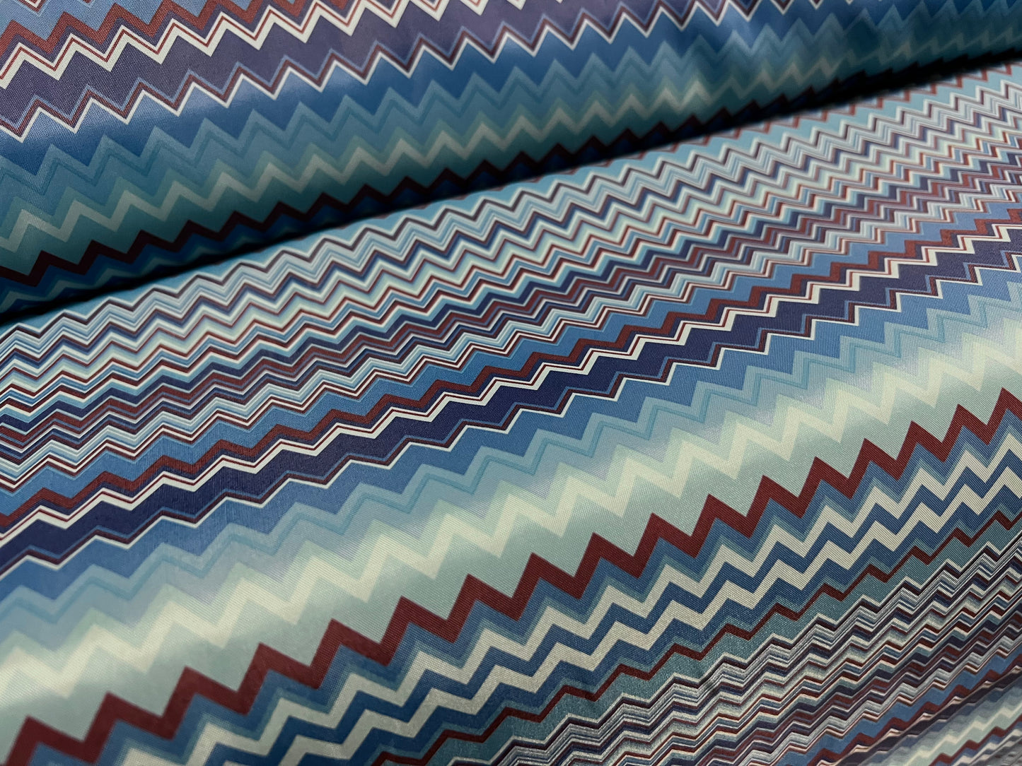 Woven polyester lining fabric, per metre - chevron print - turquoise, blue & wine