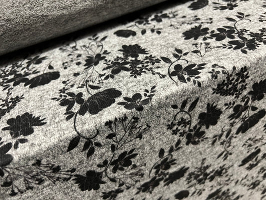 Super soft knitwear jersey fabric, per metre - flower print - grey marl & black