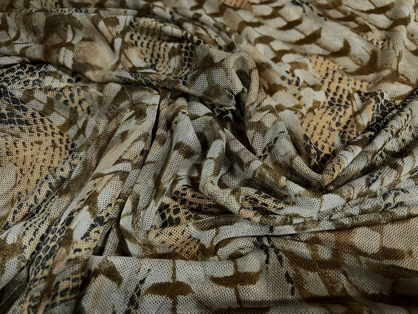 Power mesh net stretch spandex fabric, per metre - feathers & crocodile fusion print - khaki & aqua