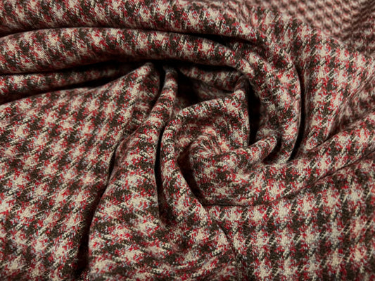 Wool blend tweed style fabric, per metre - check jacquard - wine & pink