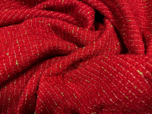 Wool blend bouclé heavyweight fabric with lurex sparkle, per metre - red & gold metallic