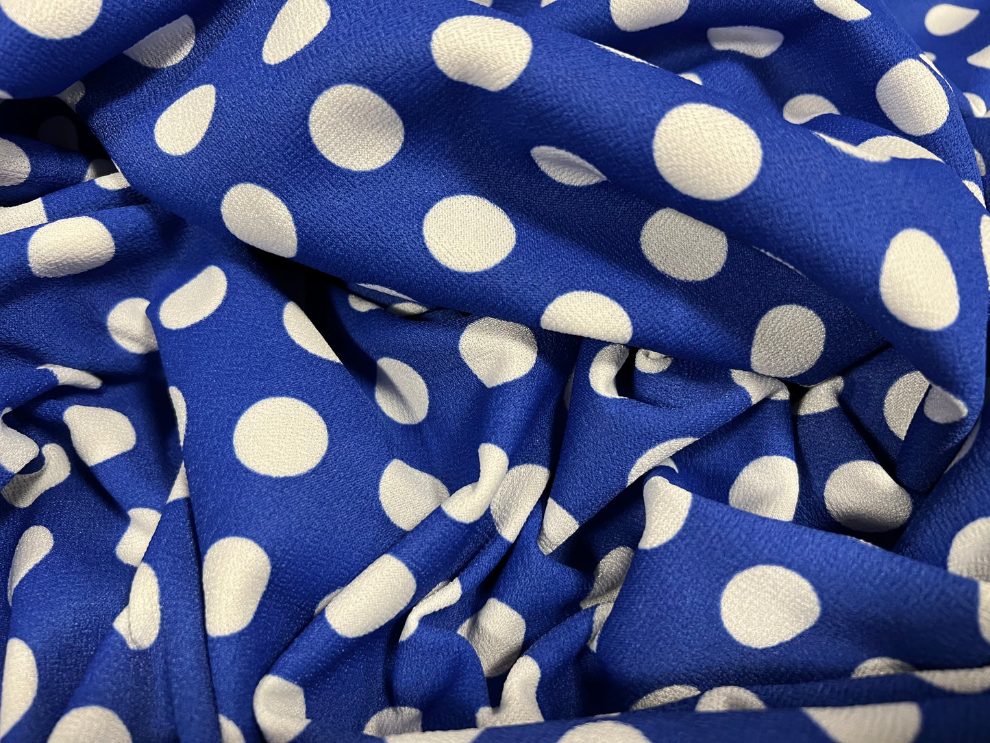 Scuba crepe stretch spandex double jersey dress fabric, per metre  - polka dot print - Royal blue & white