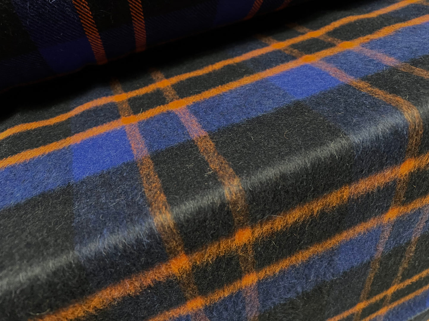 Wool brushed mouflon coat jacket fabric, per metre - check plaid - blue & orange