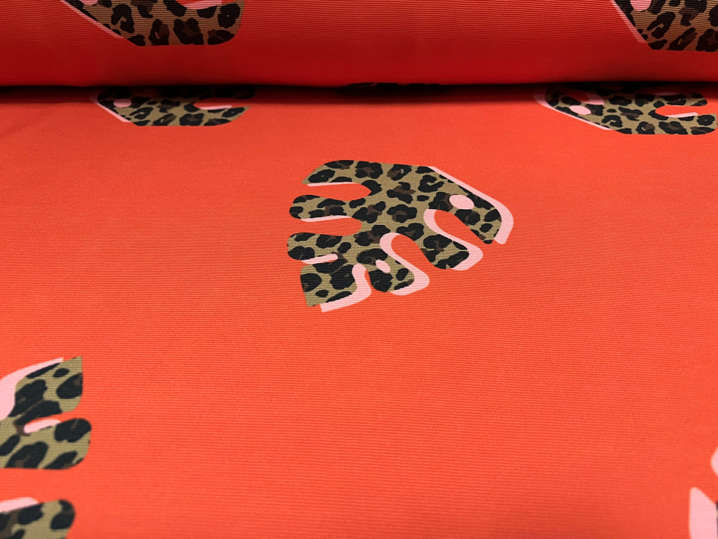 Super Fine Ottoman rib Stretch Spandex Jersey Fabric, per metre - safari leaf print - orange