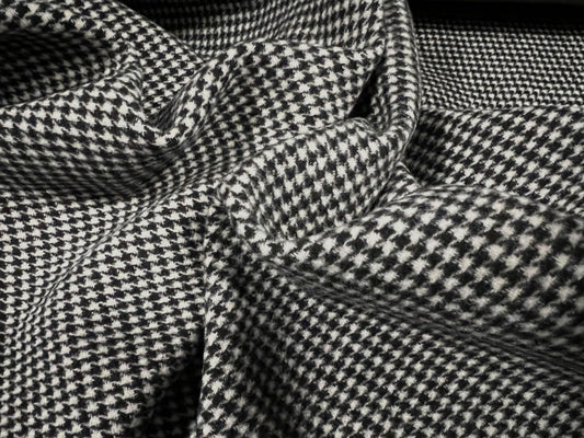 Plastic backed Wool mouflon flannel fabric, per metre - puppytooth check - black & white