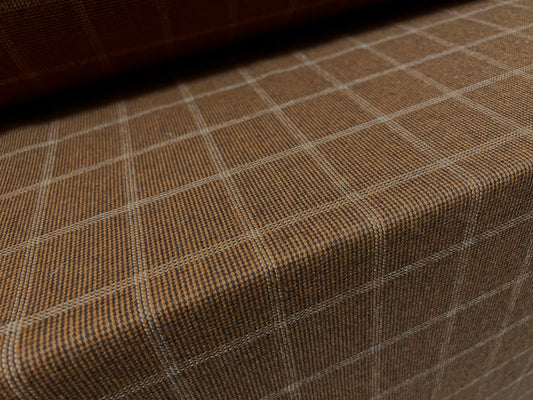 Wool blend tweed woven suit jacket fabric, per metre - matrix check jacquard - brown