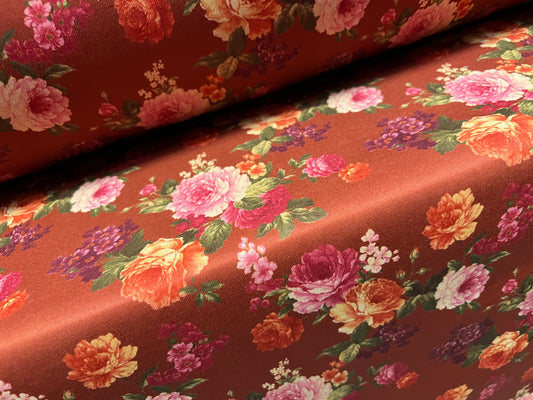 Scuba stretch spandex neoprene style jersey fashion fabric, per metre - rose flower print - barn red