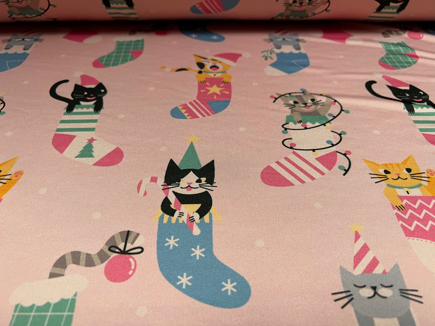 Stretch spandex single jersey fabric, per metre - Christmas kittens print - pink