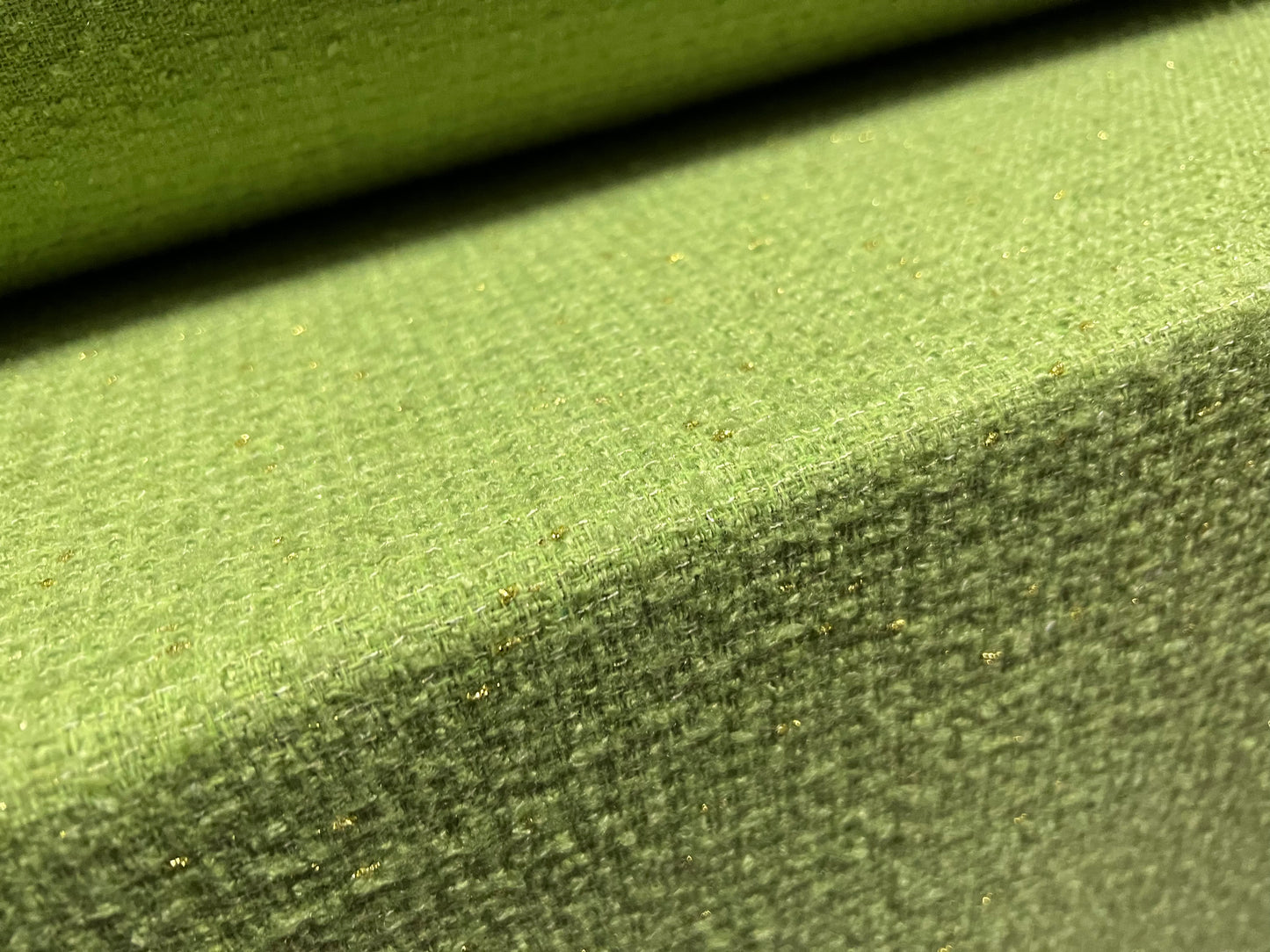 Wool blend bouclé heavyweight fabric with lurex sparkle, per metre - green & gold metallic