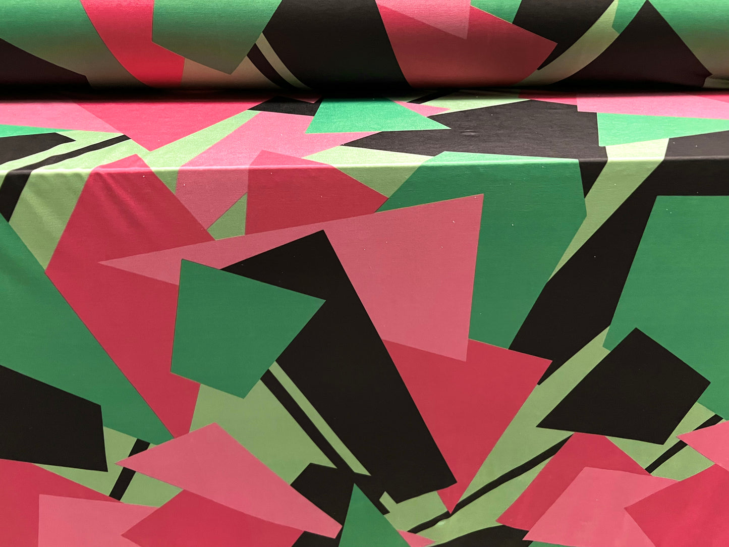 Soft touch stretch spandex jersey fabric, per metre - 80s retro shapes print - hot pink & green