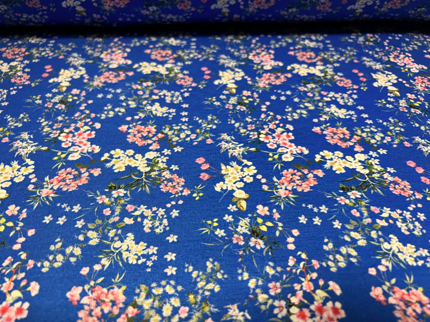 Soft handle stretch spandex single jersey fabric, per metre - Ditsy flower print - blue pink & white