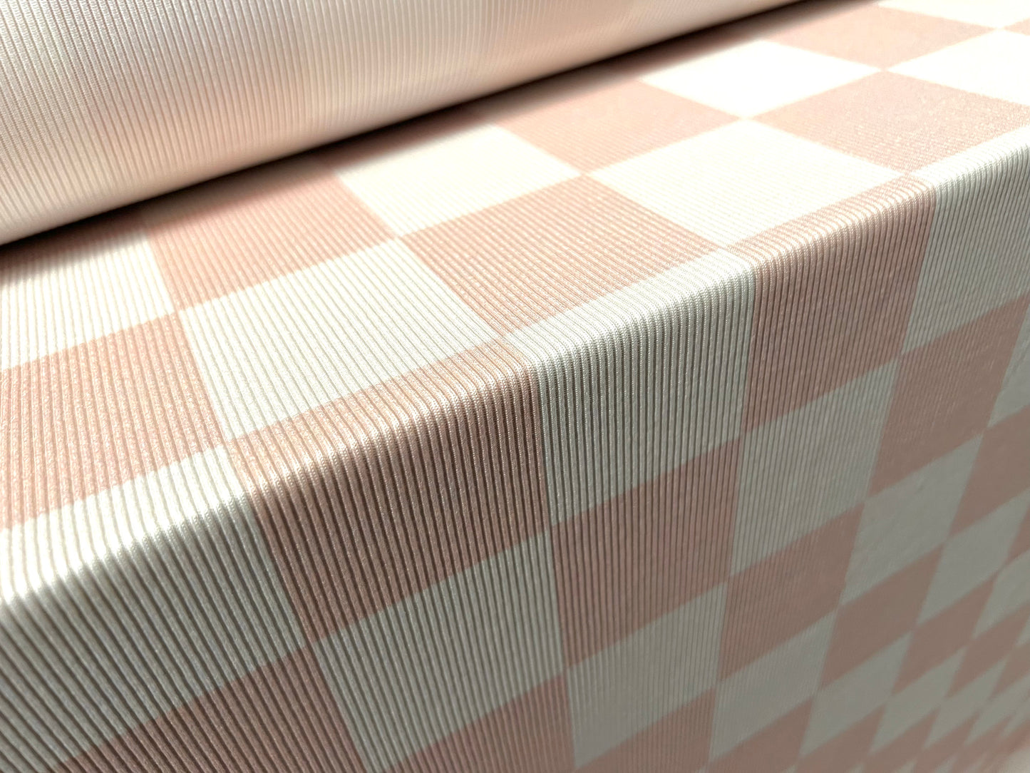 Stretch spandex rib jersey fabric, per metre - check squares print - ivory & pink