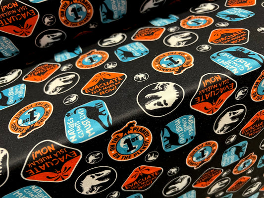 Scuba stretch spandex double jersey fabric, per metre - dinosaur children’s print - black & turquoise