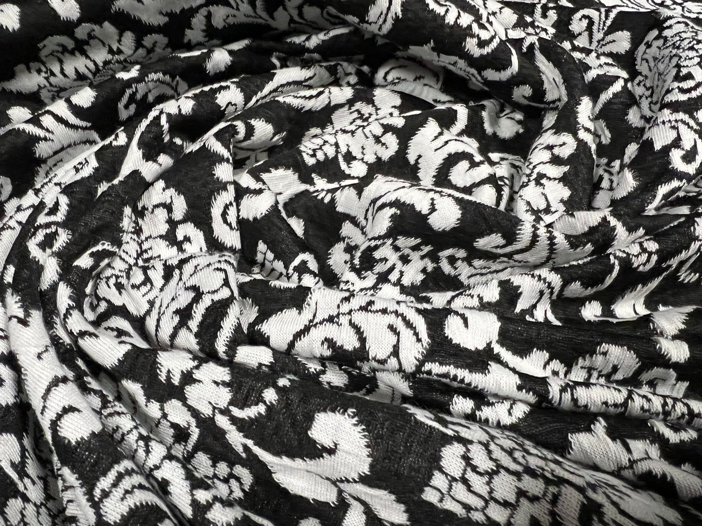 Double jersey spandex knitwear dress fabric, per metre - floral damask jacquard - black and white