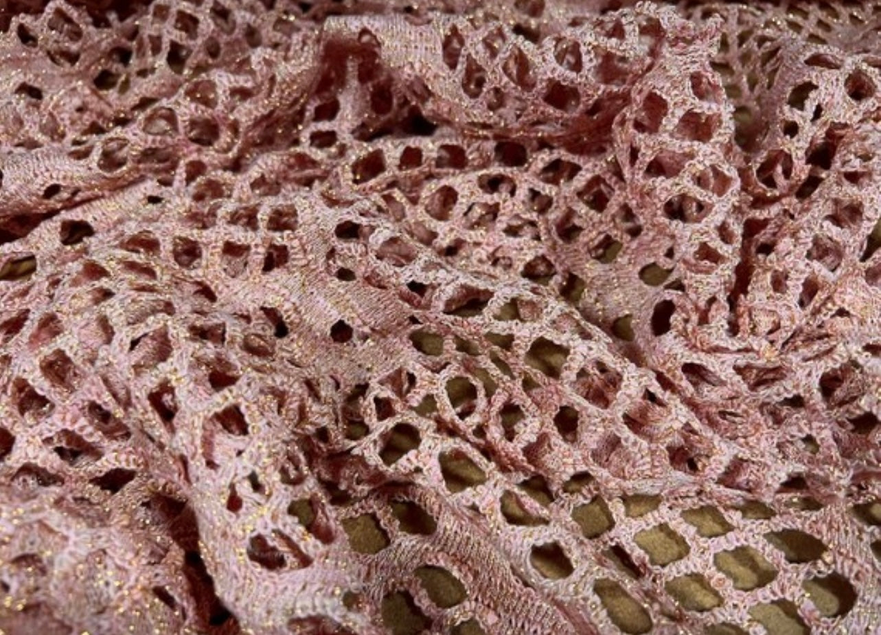 Metallic  crochet knitwear jersey fabric, per metre - pink with gold lurex