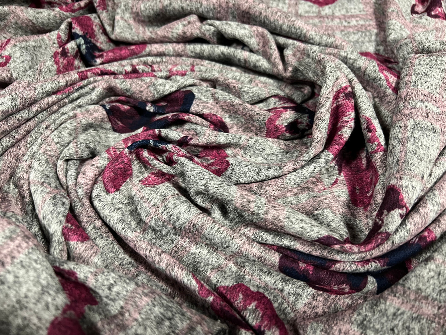 Super soft knitwear jersey fabric, per metre - floral check print - grey marl & magenta