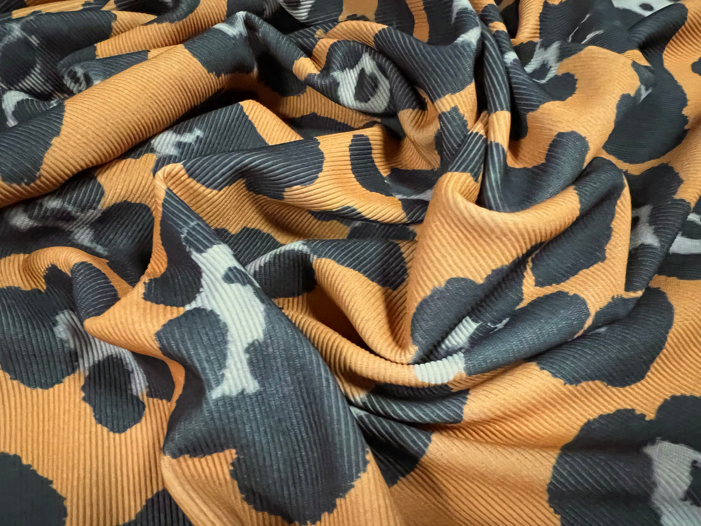 Fine Ottoman rib Stretch spandex jersey fabric , per metre - jaguar animal print - amber