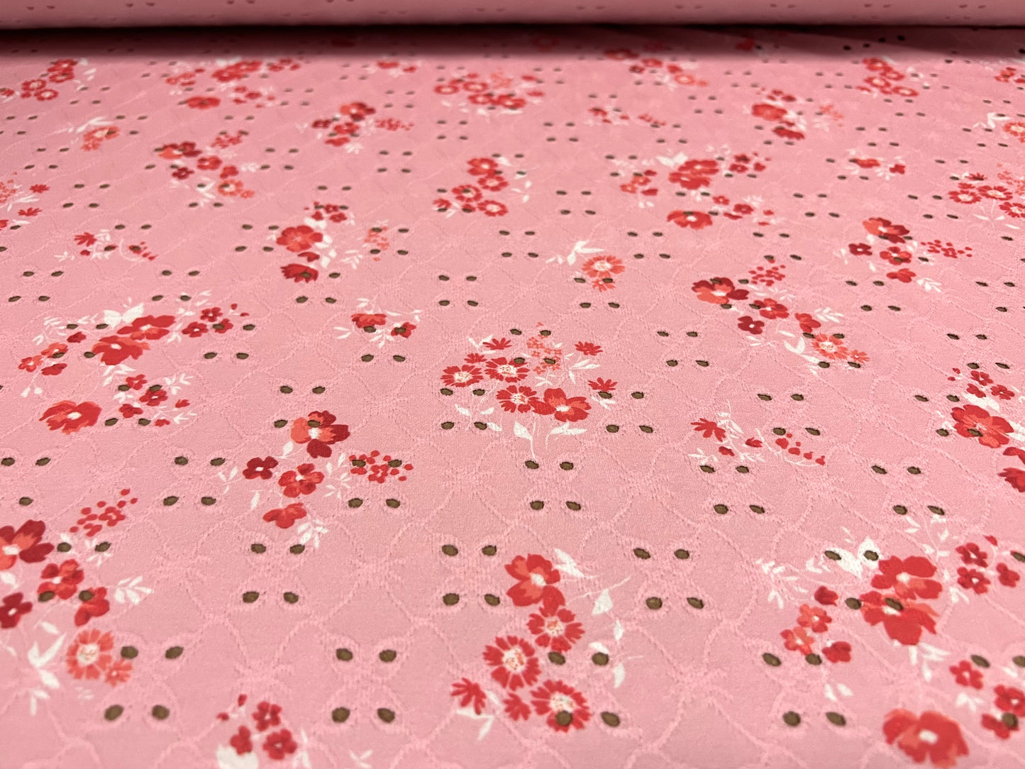 Broderie anglaise stretch spandex jersey fabric, per metre - flower print - pink