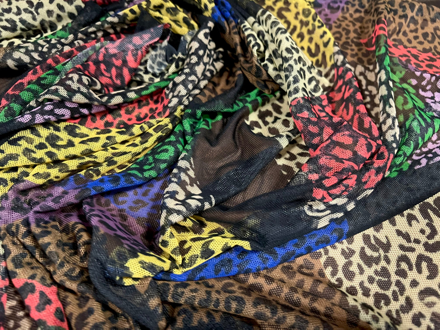 Power mesh net stretch spandex fabric, per metre - cheetah collage animal print - multicolour