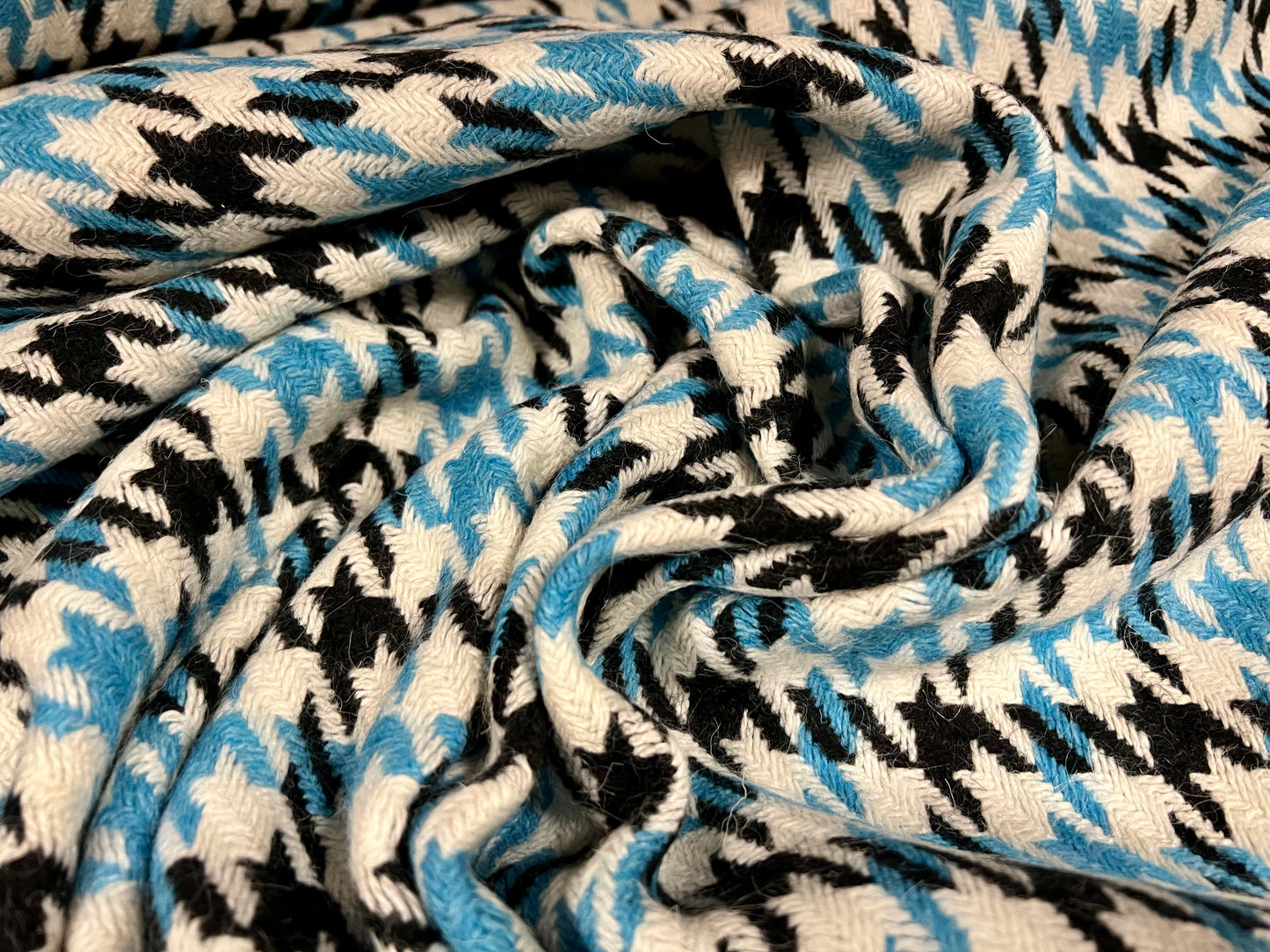 Wool bouclé heavyweight coat jacket fabric, per metre - houndstooth jacquard - turquoise black & white