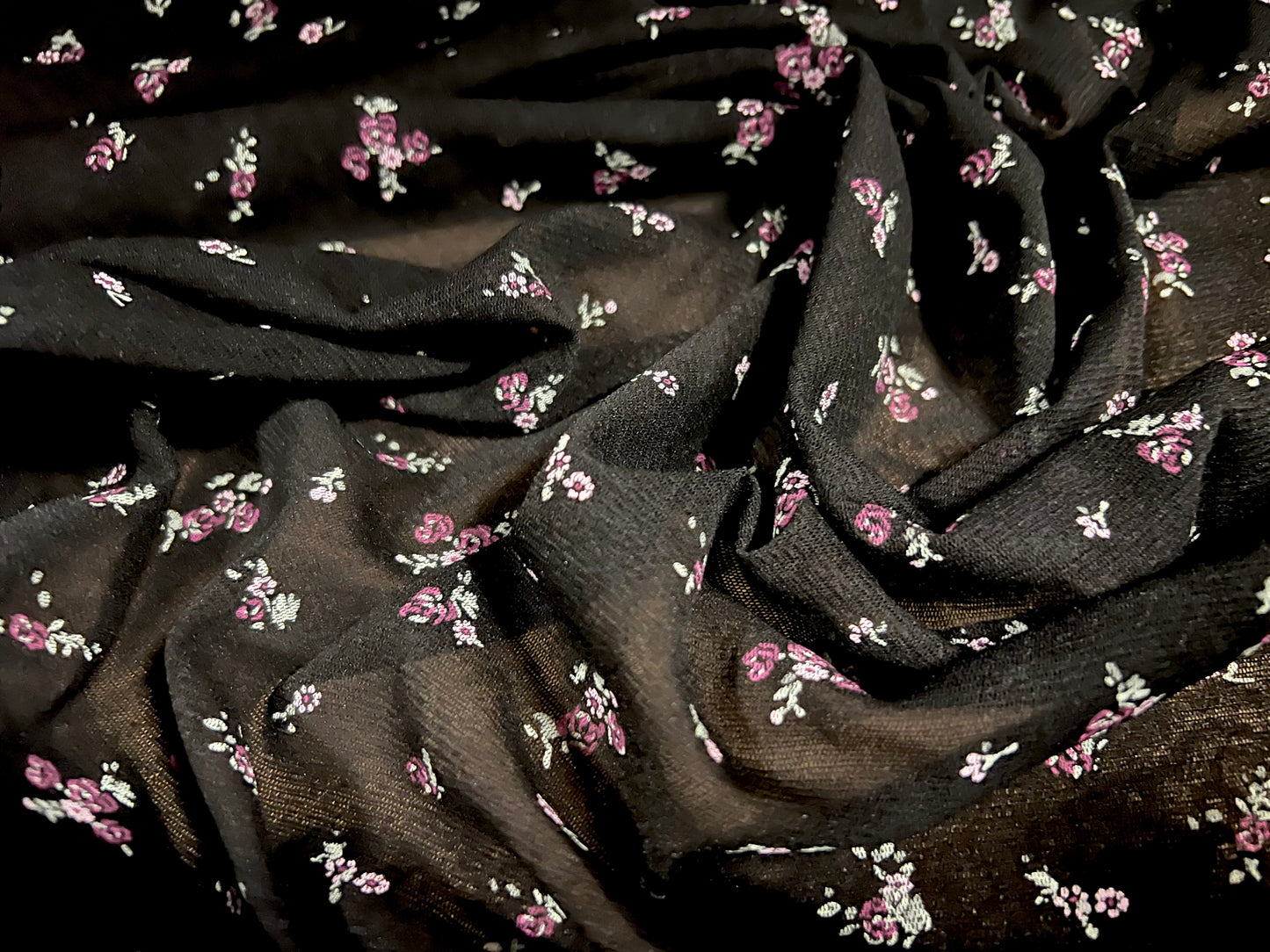 Power mesh net sheer stretch fabric, per metre - ditsy floral print - black & lilac